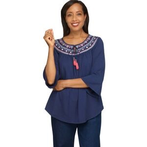 Alfred Dunner Womens Navy Blue Embroidered Tassel 1X Long Sleeve Top